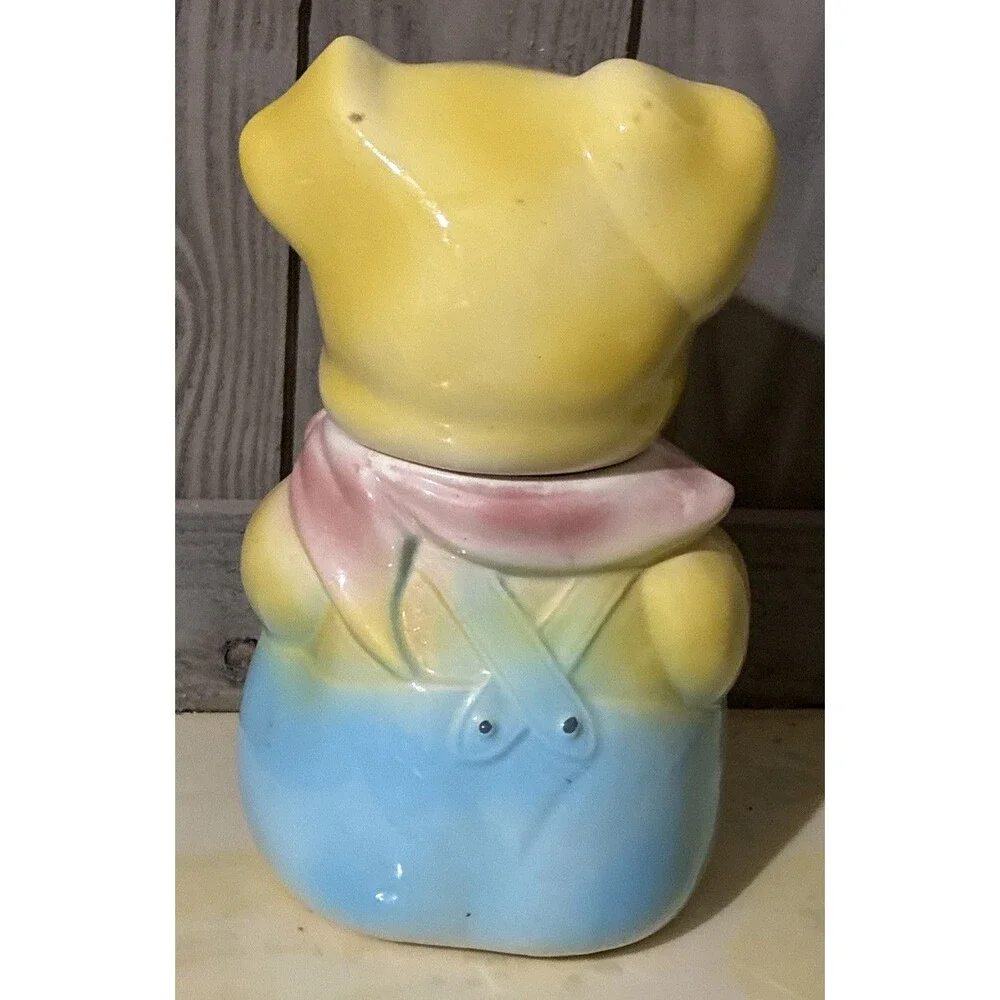 Vintage American Bisque Pig Cookie Jar Boy Blue Yellow Pink Overalls
